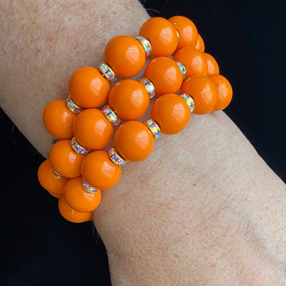 Vintage lucite Orange Bead and Rhinestone Wrap Bracelet